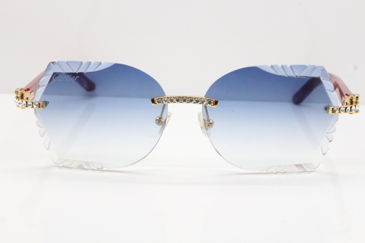 Cartier Rimless T8200762 Big Diamond Marble Red Aztec Arms Sunglasses In Gold Blue Lens