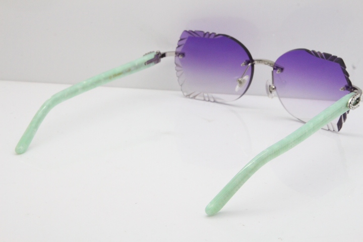 Cartier Rimless T8200762 Big Diamond Marble Green Aztec Arms Sunglasses In Gold Purple Lens