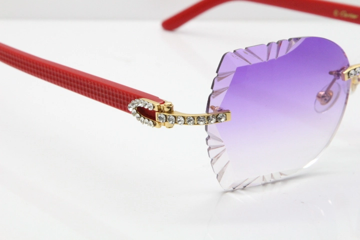 Cartier Rimless T8200762 Big Diamond Red Aztec Arms Sunglasses In Gold Purple Lens