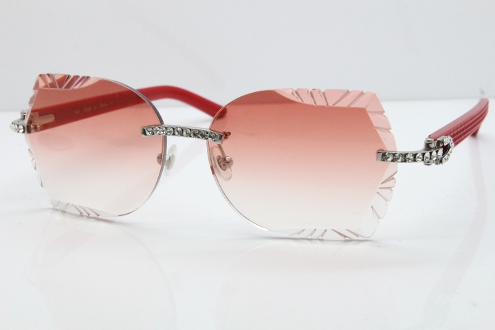 Cartier Rimless T8200762 Big Diamond Red Aztec Arms Sunglasses In Gold Pink Lens