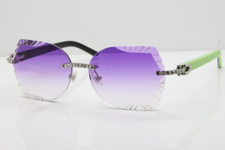 Cartier Rimless T8200762 Big Diamond Black Inside Green Aztec Arms Sunglasses In Gold Purple Lens 