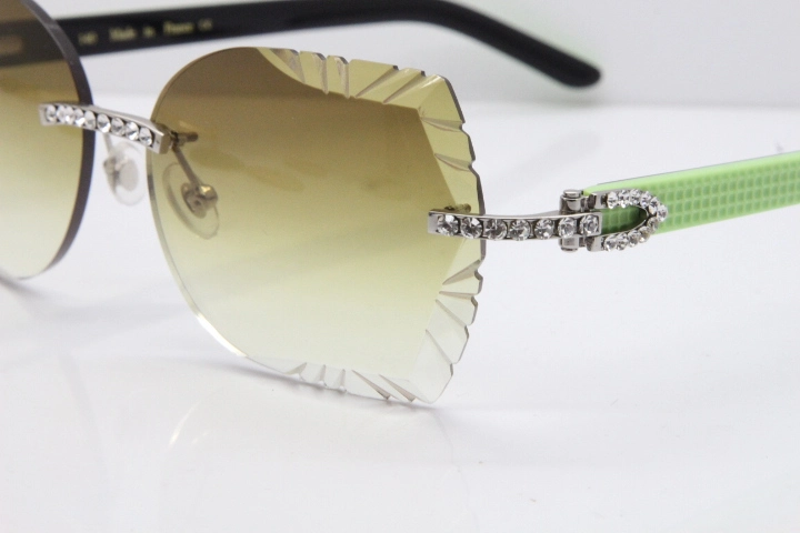 Cartier Rimless T8200762 Big Diamond Black Inside Green Aztec Arms Sunglasses In Gold Brown Lens 