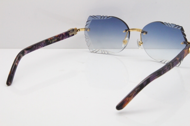 Cartier Rimless T8200762 Big Diamond Purple Aztec Arms Sunglasses In Gold Blue Lens