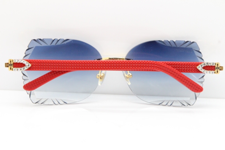 Cartier Rimless T8200762 Big Diamond Red Aztec Arms Sunglasses In Gold Blue Lens