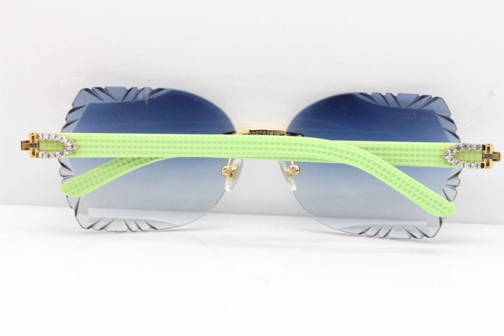 Cartier Rimless T8200762 Big Diamond Black Inside Green Aztec Arms Sunglasses In Gold Blue Lens 