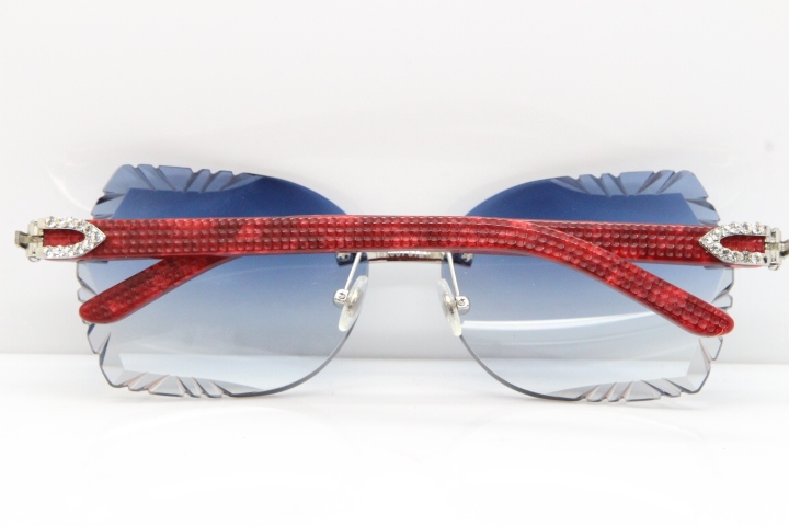 Cartier Rimless T8200762 Big Diamond Marble Red Aztec Arms Sunglasses In Gold Blue Lens