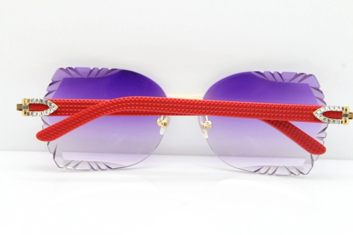 Cartier Rimless T8200762 Big Diamond Red Aztec Arms Sunglasses In Gold Purple Lens