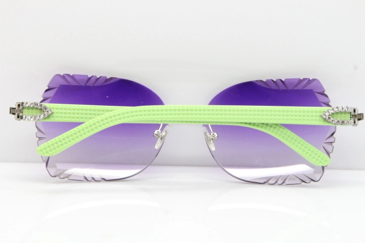 Cartier Rimless T8200762 Big Diamond Black Inside Green Aztec Arms Sunglasses In Gold Purple Lens 