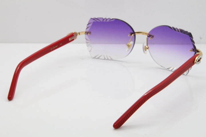 Cartier Rimless T8200762 Big Diamond Red Aztec Arms Sunglasses In Gold Purple Lens