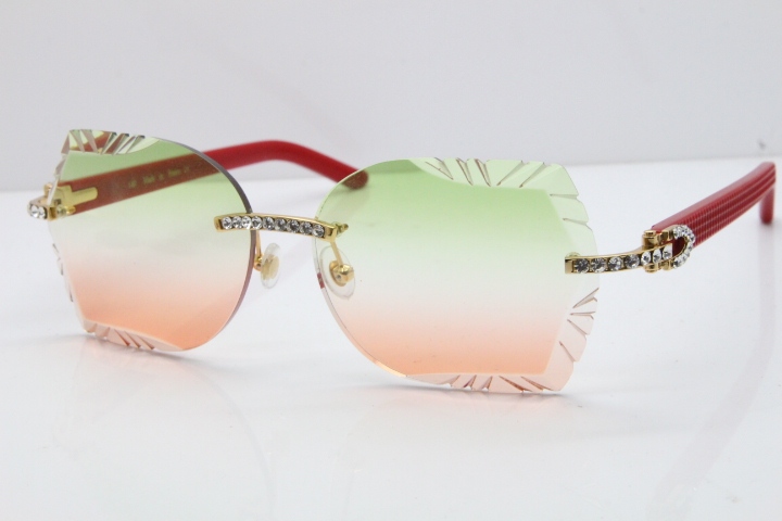 Cartier Rimless T8200762 Big Diamond Red Aztec Arms Sunglasses In Gold Green Brown Lens