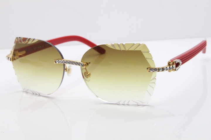 Cartier Rimless T8200762 Big Diamond Red Aztec Arms Sunglasses In Gold Brown Lens