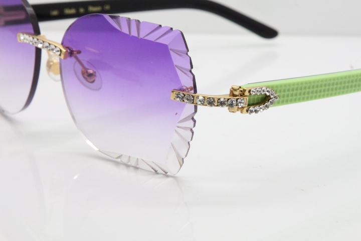 Cartier Rimless T8200762 Big Diamond Black Inside Green Aztec Arms Sunglasses In Gold Purple Lens 