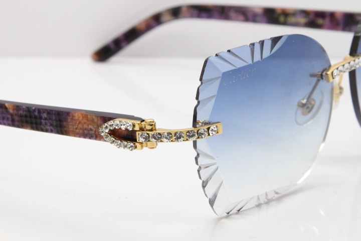 Cartier Rimless T8200762 Big Diamond Purple Aztec Arms Sunglasses In Gold Blue Lens