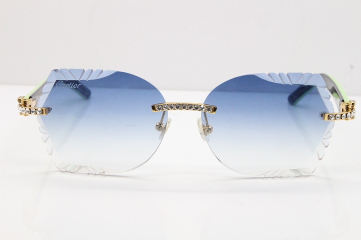 Cartier Rimless T8200762 Big Diamond Black Inside Green Aztec Arms Sunglasses In Gold Blue Lens 