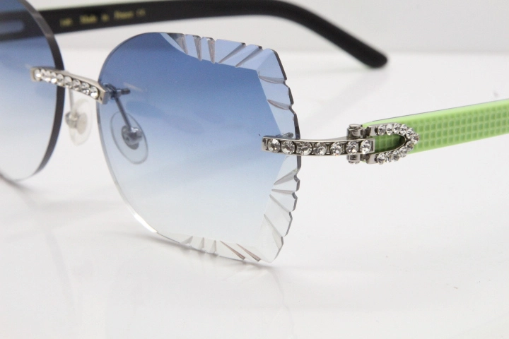 Cartier Rimless T8200762 Big Diamond Black Inside Green Aztec Arms Sunglasses In Gold Blue Lens 