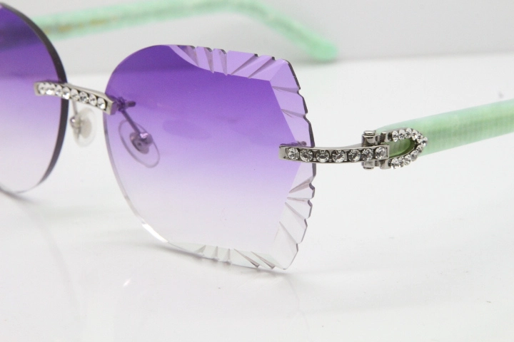 Cartier Rimless T8200762 Big Diamond Marble Green Aztec Arms Sunglasses In Gold Purple Lens