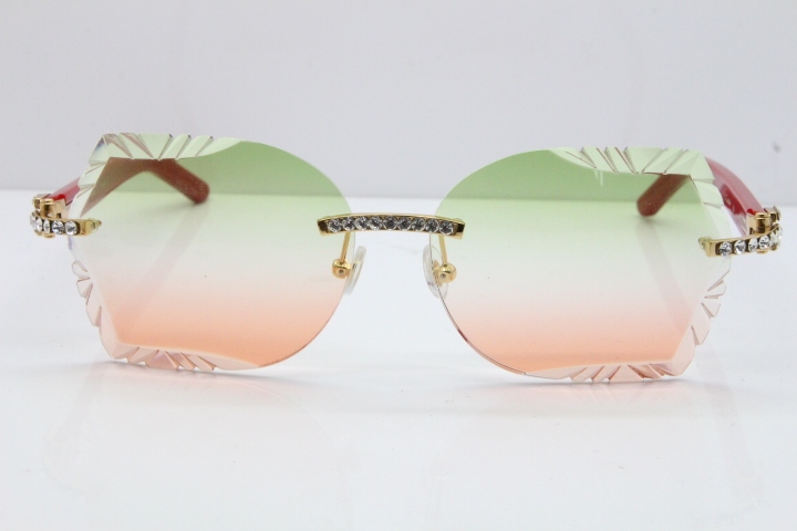 Cartier Rimless T8200762 Big Diamond Red Aztec Arms Sunglasses In Gold Green Brown Lens