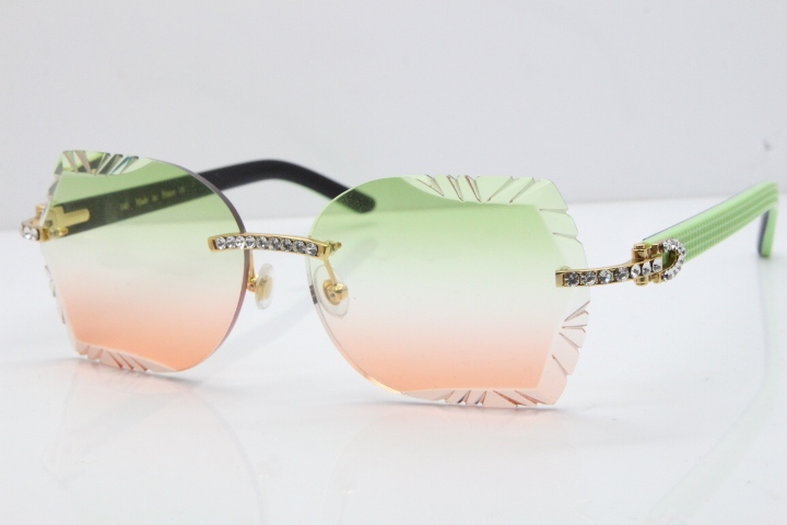 Cartier Rimless T8200762 Big Diamond Black Inside Green Aztec Arms Sunglasses In Gold Green Brown Lens