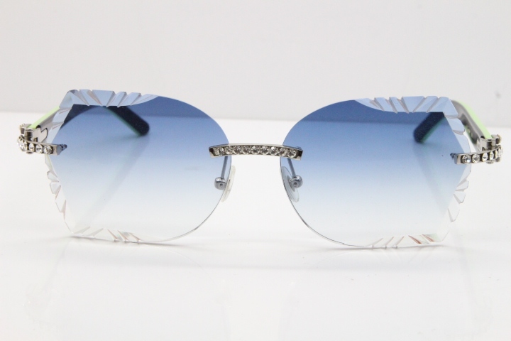 Cartier Rimless T8200762 Big Diamond Black Inside Green Aztec Arms Sunglasses In Gold Blue Lens 