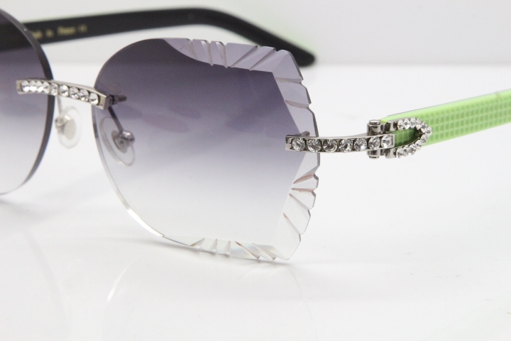 Cartier Rimless T8200762 Big Diamond Black Inside Green Aztec Arms Sunglasses In Gold Gray Lens 