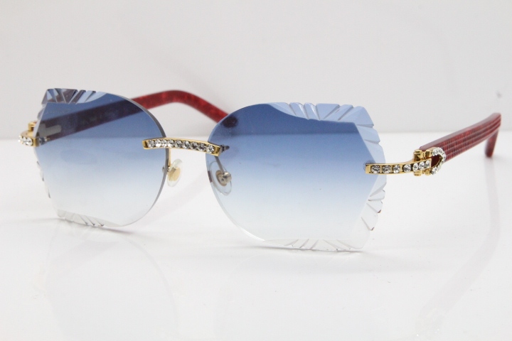 Cartier Rimless T8200762 Big Diamond Marble Red Aztec Arms Sunglasses In Gold Blue Lens