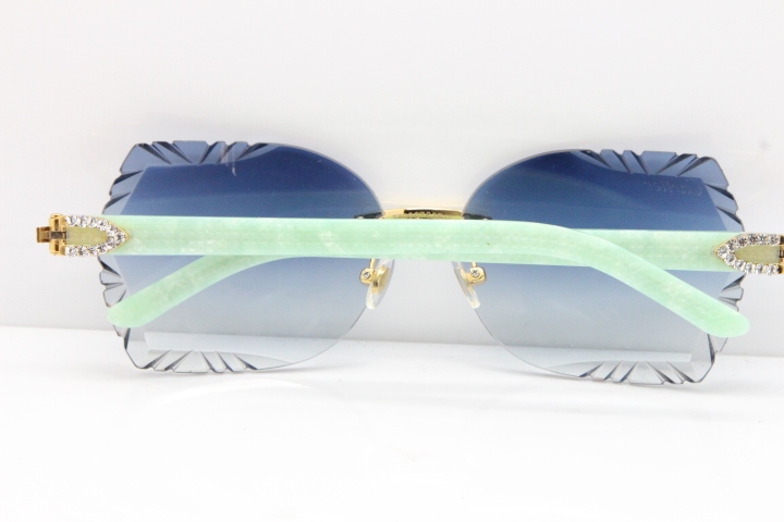 Cartier Rimless T8200762 Big Diamond Marble Green Aztec Arms Sunglasses In Gold Blue Lens