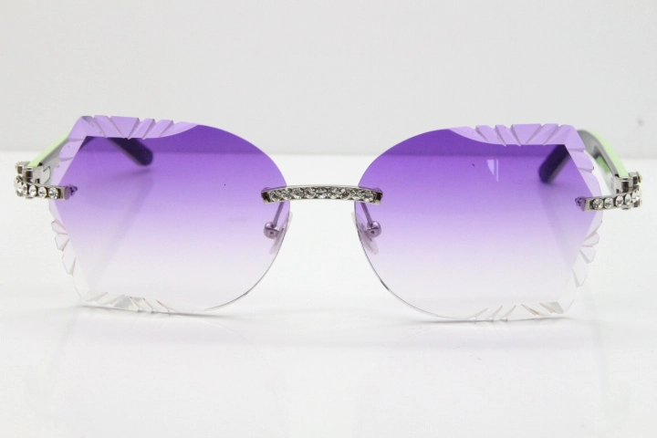 Cartier Rimless T8200762 Big Diamond Black Inside Green Aztec Arms Sunglasses In Gold Purple Lens 