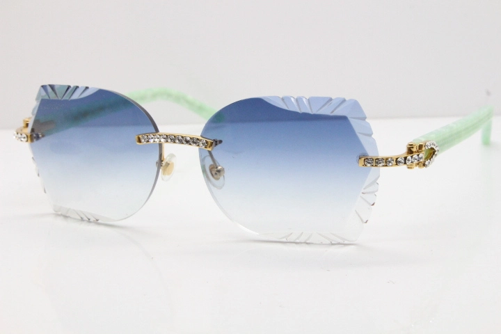 Cartier Rimless T8200762 Big Diamond Marble Green Aztec Arms Sunglasses In Gold Blue Lens