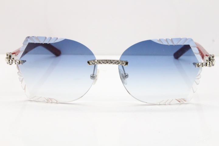 Cartier Rimless T8200762 Big Diamond Marble Red Aztec Arms Sunglasses In Gold Blue Lens