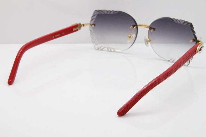 Cartier Rimless T8200762 Big Diamond Red Aztec Arms Sunglasses In Gold Gray Lens