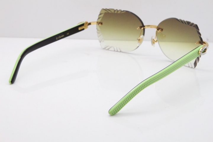 Cartier Rimless T8200762 Big Diamond Black Inside Green Aztec Arms Sunglasses In Gold Brown Lens 