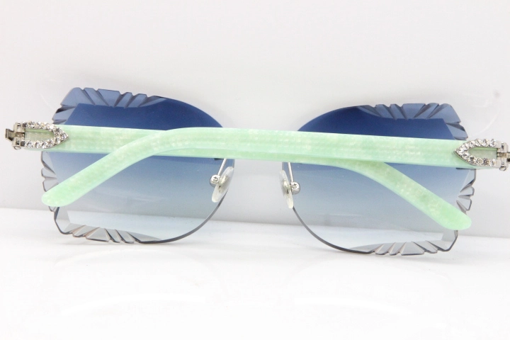 Cartier Rimless T8200762 Big Diamond Marble Green Aztec Arms Sunglasses In Gold Blue Lens