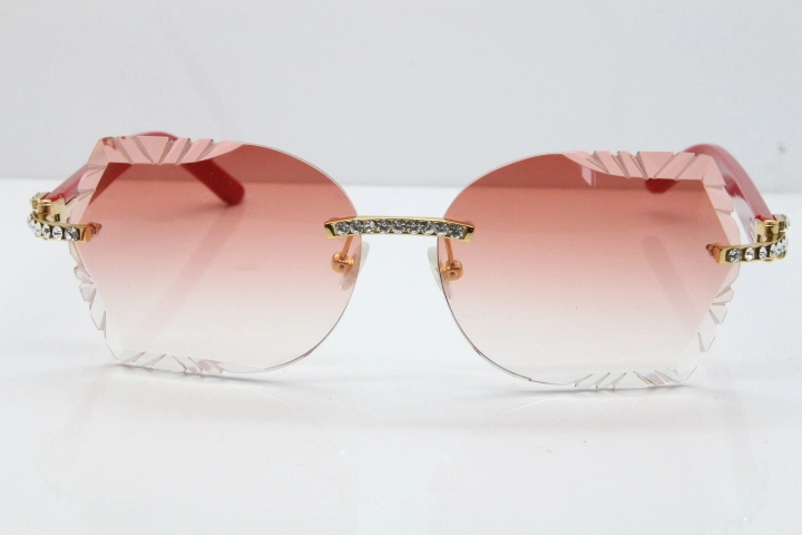 Cartier Rimless T8200762 Big Diamond Red Aztec Arms Sunglasses In Gold Pink Lens