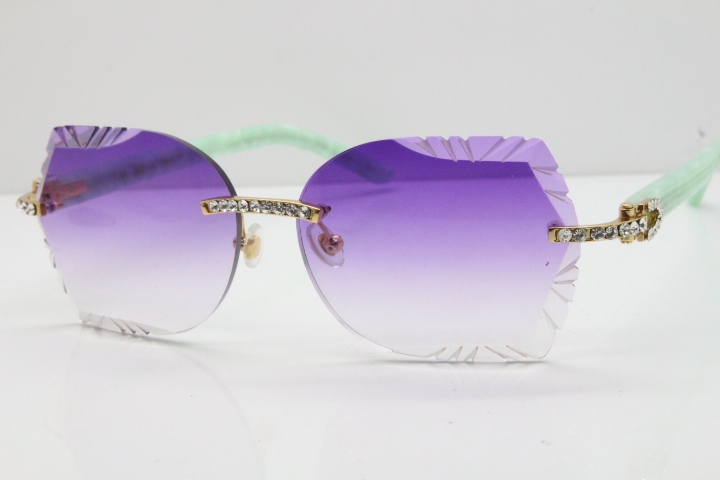 Cartier Rimless T8200762 Big Diamond Marble Green Aztec Arms Sunglasses In Gold Purple Lens