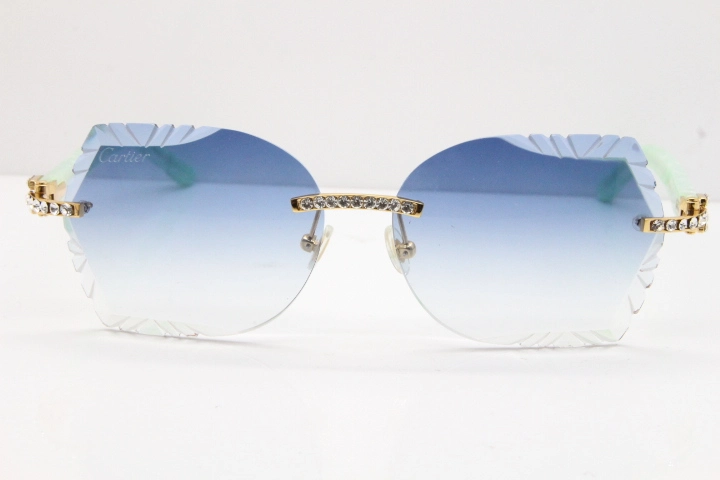 Cartier Rimless T8200762 Big Diamond Marble Green Aztec Arms Sunglasses In Gold Blue Lens