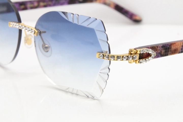 Cartier Rimless T8200762 Big Diamond Purple Aztec Arms Sunglasses In Gold Blue Lens