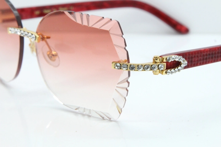 Cartier Rimless T8200762 Big Diamond Marble Red Aztec Arms Sunglasses In Gold Pink Lens