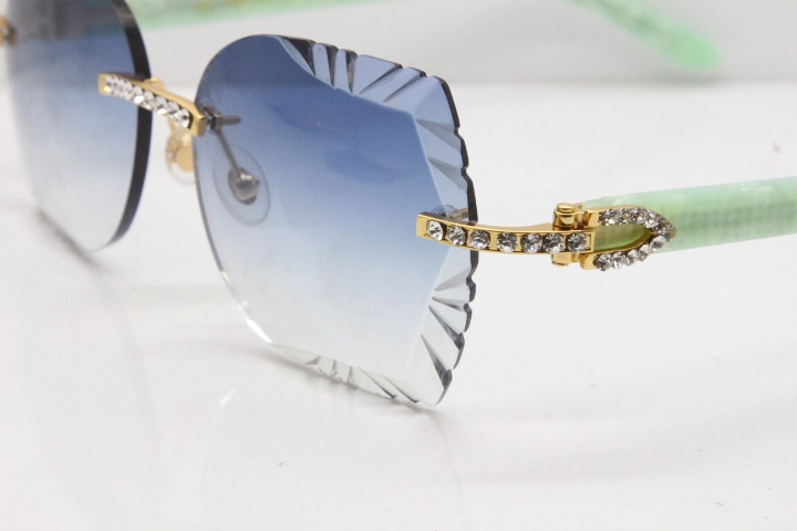 Cartier Rimless T8200762 Big Diamond Marble Green Aztec Arms Sunglasses In Gold Blue Lens