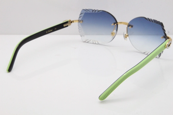 Cartier Rimless T8200762 Big Diamond Black Inside Green Aztec Arms Sunglasses In Gold Blue Lens 