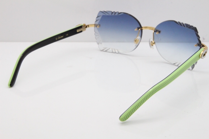 Cartier Rimless T8200762 Big Diamond Black Inside Green Aztec Arms Sunglasses In Gold Blue Lens 