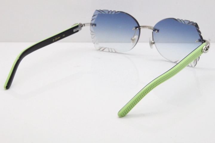 Cartier Rimless T8200762 Big Diamond Black Inside Green Aztec Arms Sunglasses In Gold Blue Lens 