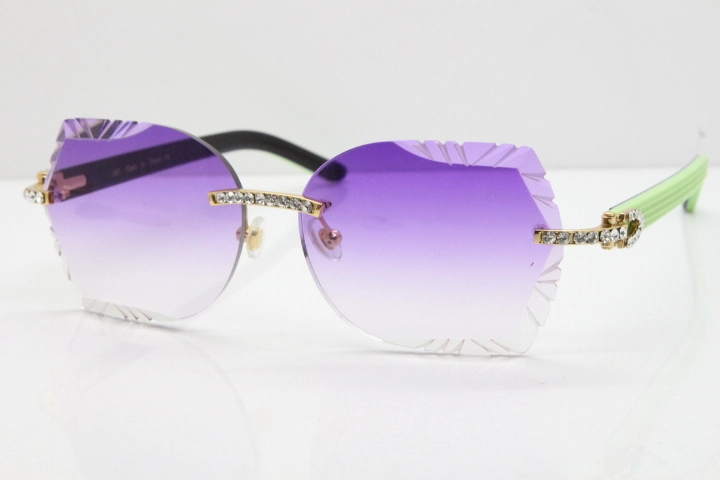 Cartier Rimless T8200762 Big Diamond Black Inside Green Aztec Arms Sunglasses In Gold Purple Lens 