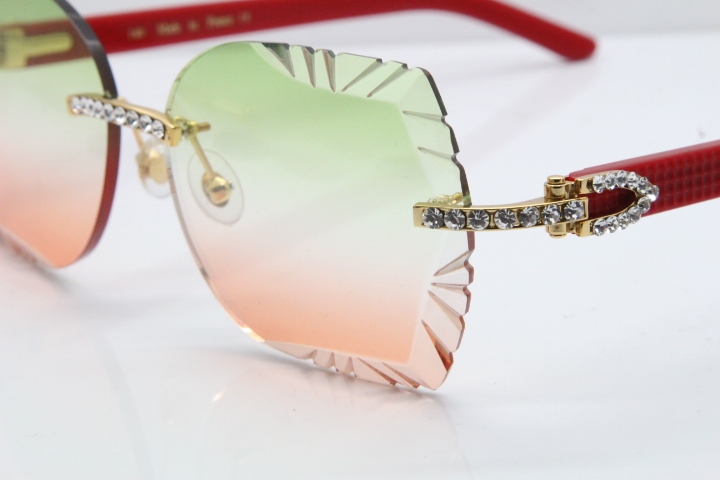 Cartier Rimless T8200762 Big Diamond Red Aztec Arms Sunglasses In Gold Green Brown Lens