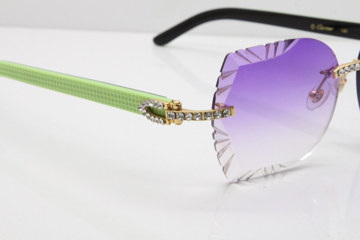 Cartier Rimless T8200762 Big Diamond Black Inside Green Aztec Arms Sunglasses In Gold Purple Lens 