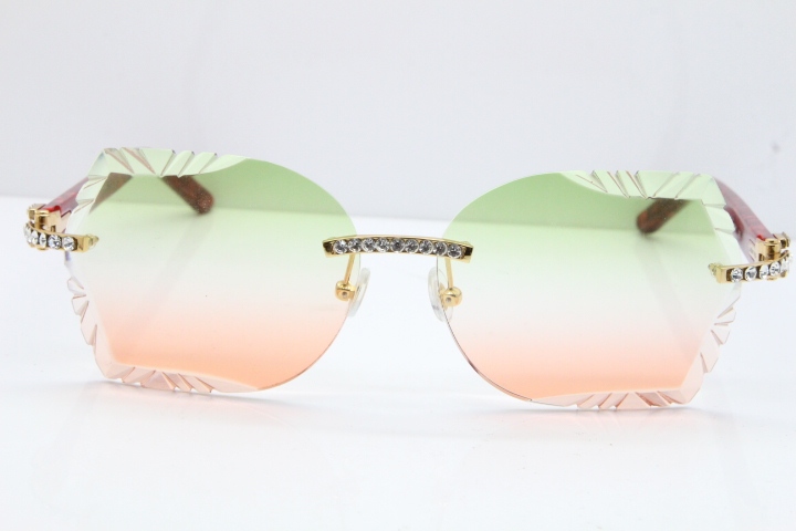 Cartier Rimless T8200762 Big Diamond Marble Red Aztec Arms Sunglasses In Gold Green Brown Lens