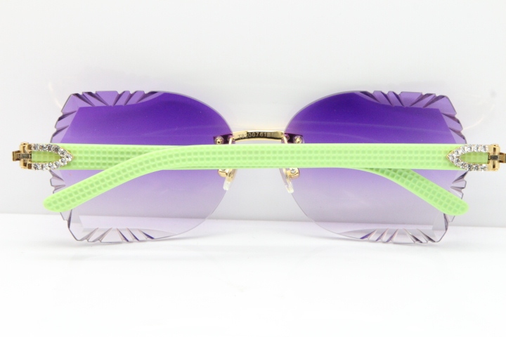 Cartier Rimless T8200762 Big Diamond Black Inside Green Aztec Arms Sunglasses In Gold Purple Lens 