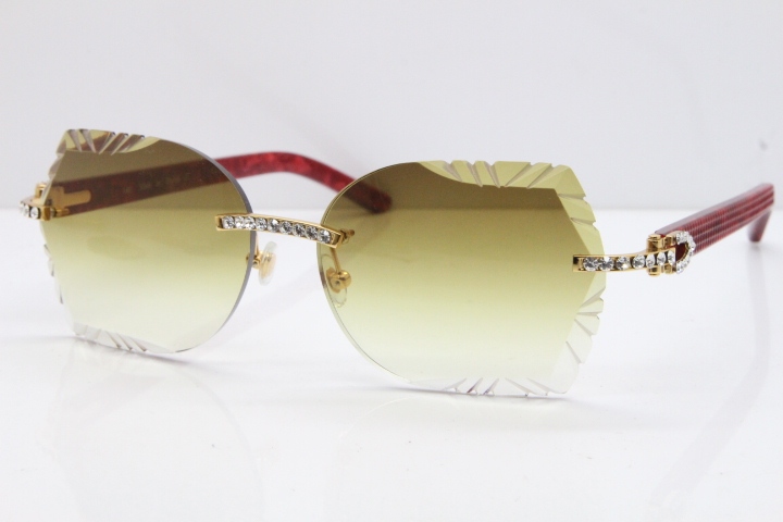 Cartier Rimless T8200762 Big Diamond Marble Red Aztec Arms Sunglasses In Gold Brown Lens