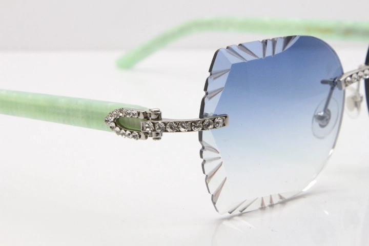 Cartier Rimless T8200762 Big Diamond Marble Green Aztec Arms Sunglasses In Gold Blue Lens