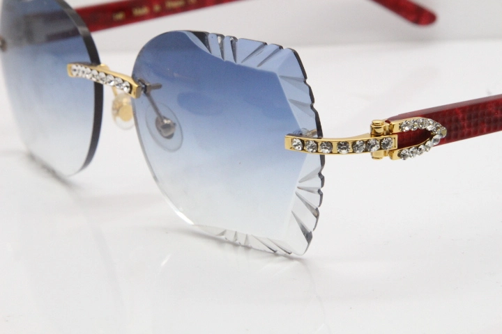 Cartier Rimless T8200762 Big Diamond Marble Red Aztec Arms Sunglasses In Gold Blue Lens