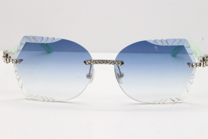 Cartier Rimless T8200762 Big Diamond Marble Green Aztec Arms Sunglasses In Gold Blue Lens